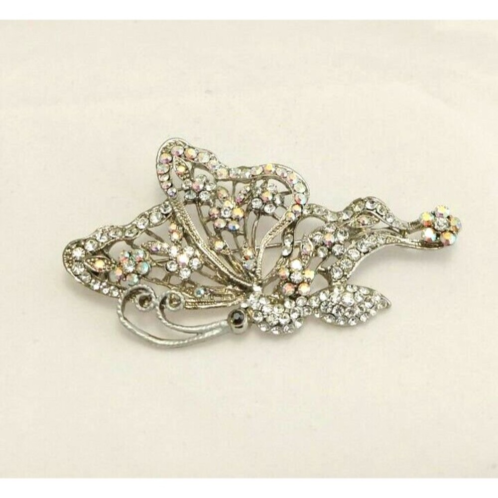 Vintage Butterfly Brooch, Aurora Borealis Rhinestones, Ribbon 3.25" x 2" NWOT